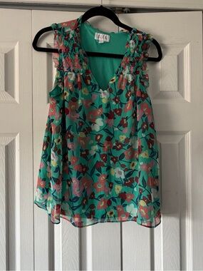 Elle Teal Floral Ruffle-Shoulder Tank